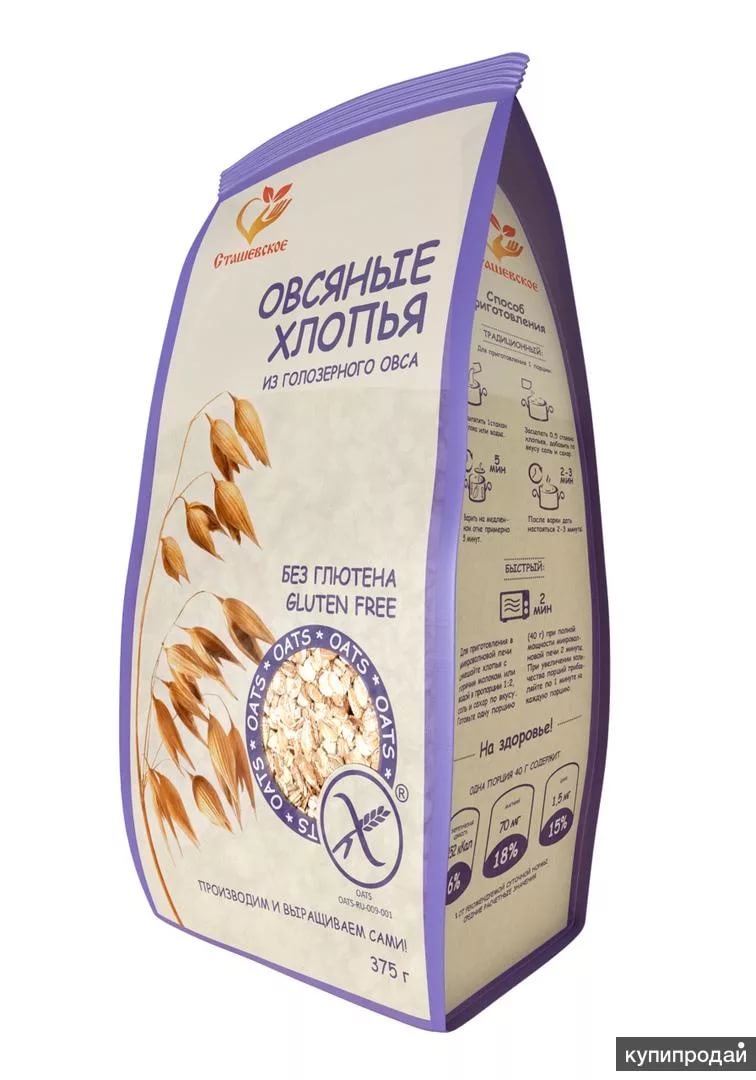 Хлопья овсяные без глютена, 375 гр, Сташевское
