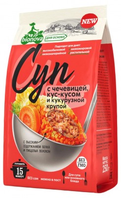 Смесь для приготовления супов и гарниров с чечевицей, кус-кусом и кукурузной крупой, 250 гр, Bionova